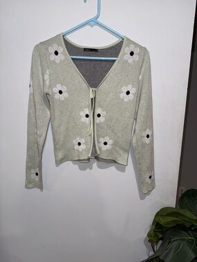 Unbranded Light Green Floral Tie-Front Sweater